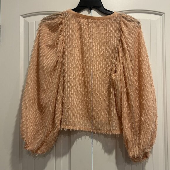 Zara Salmon Pink Balloon Sleeve Feather Blouse Women’s Size S - Picture 6 of 7